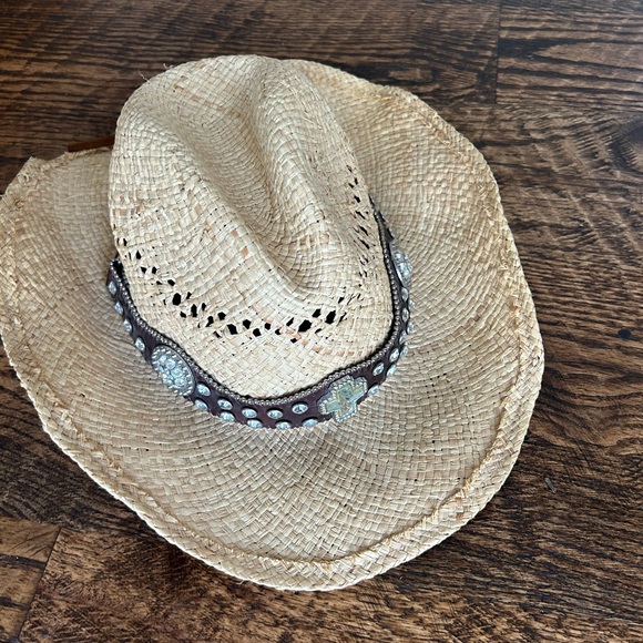 Western Cowgirl Raffa Straw Hat Band Rhinestone Cross Y2K Cowboy Boho Medium - Picture 2 of 11